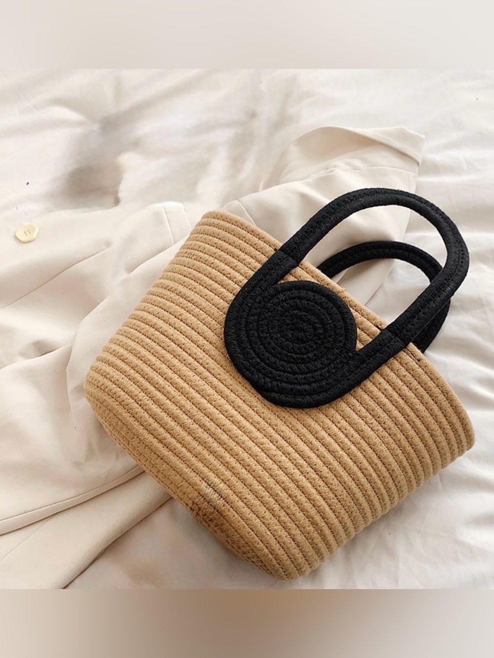 Woven Straw Tote Bag with Black Handles - Beige